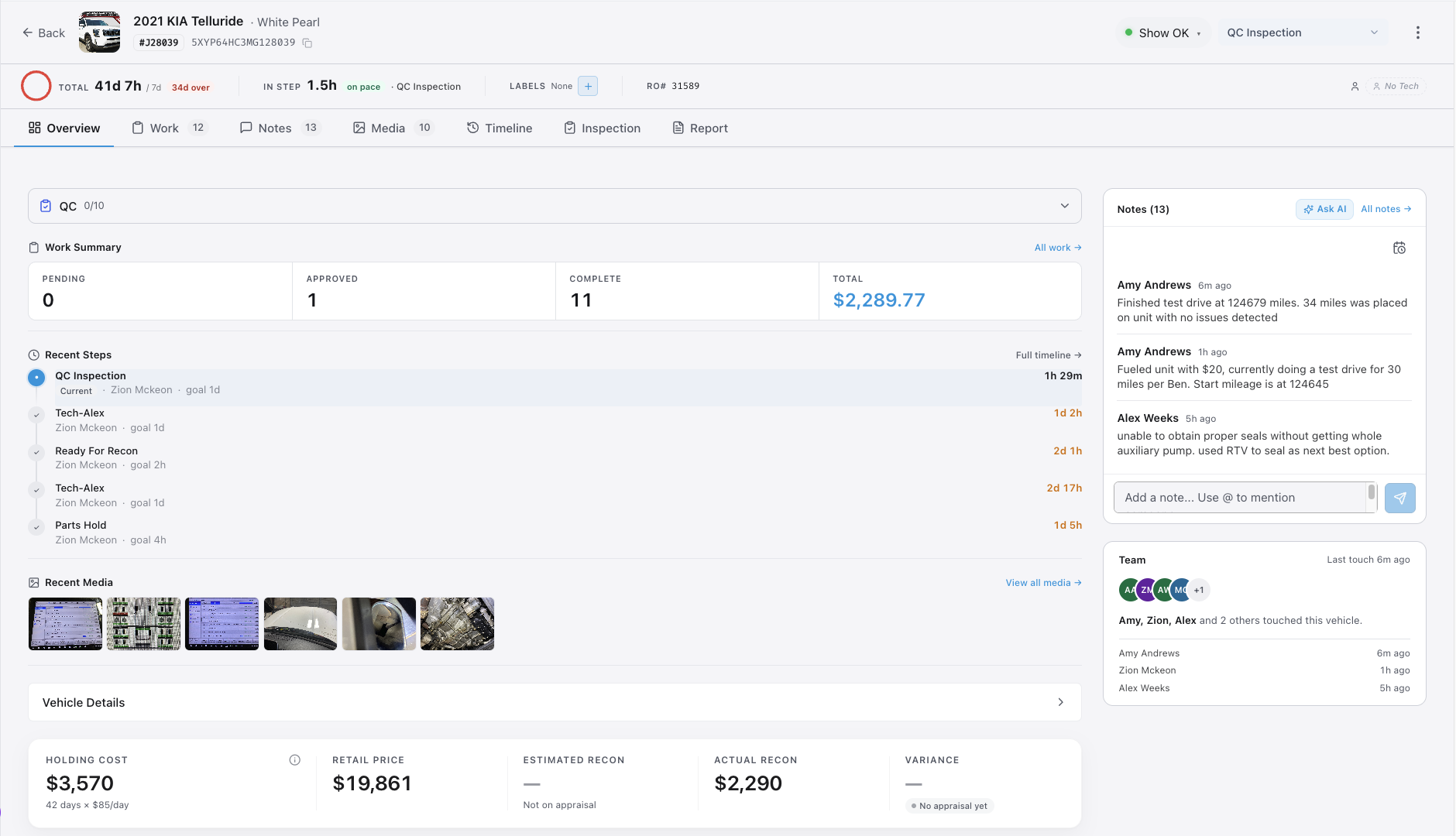 Vehicle Overview tab showing Retail Price, Estimated Recon, Variance, Days in Recon, and Holding Cost