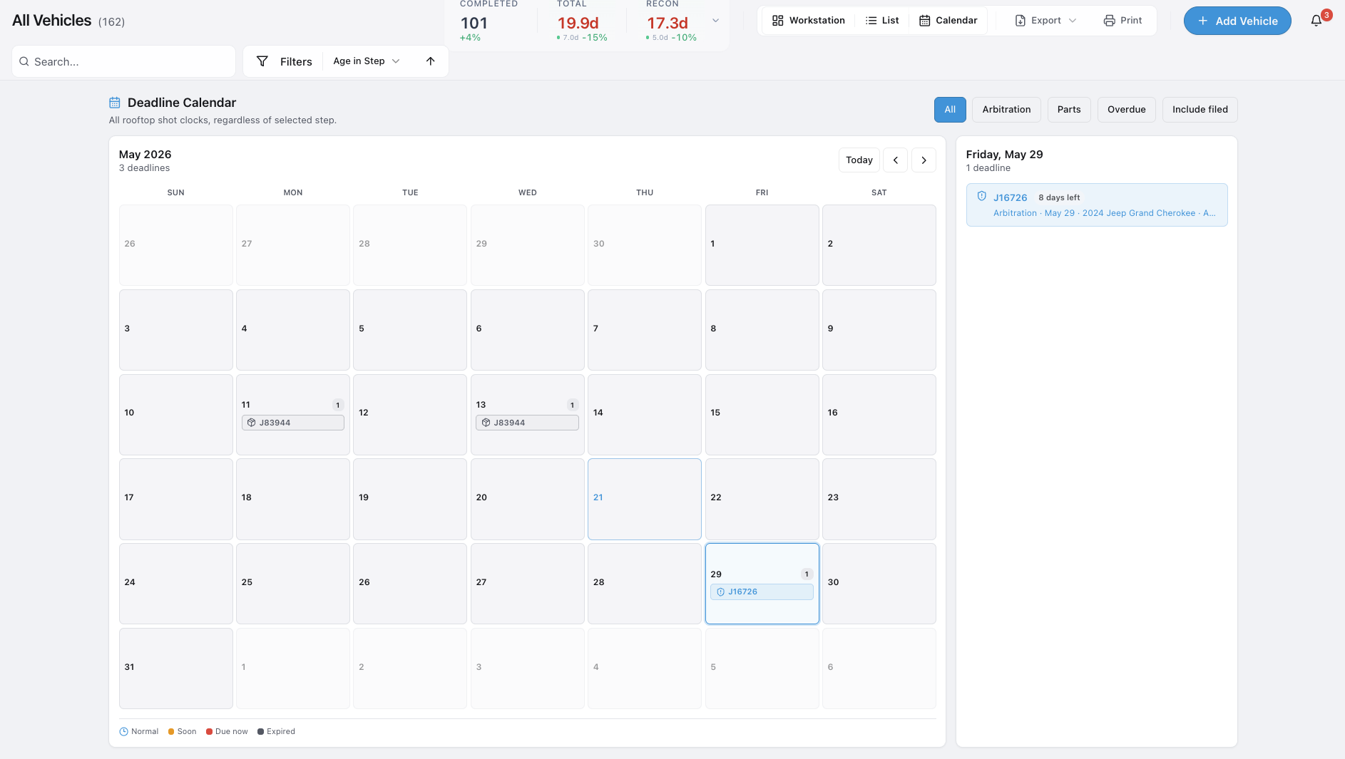 Calendar view — cars laid out on a month grid by their Shot Clock deadlines