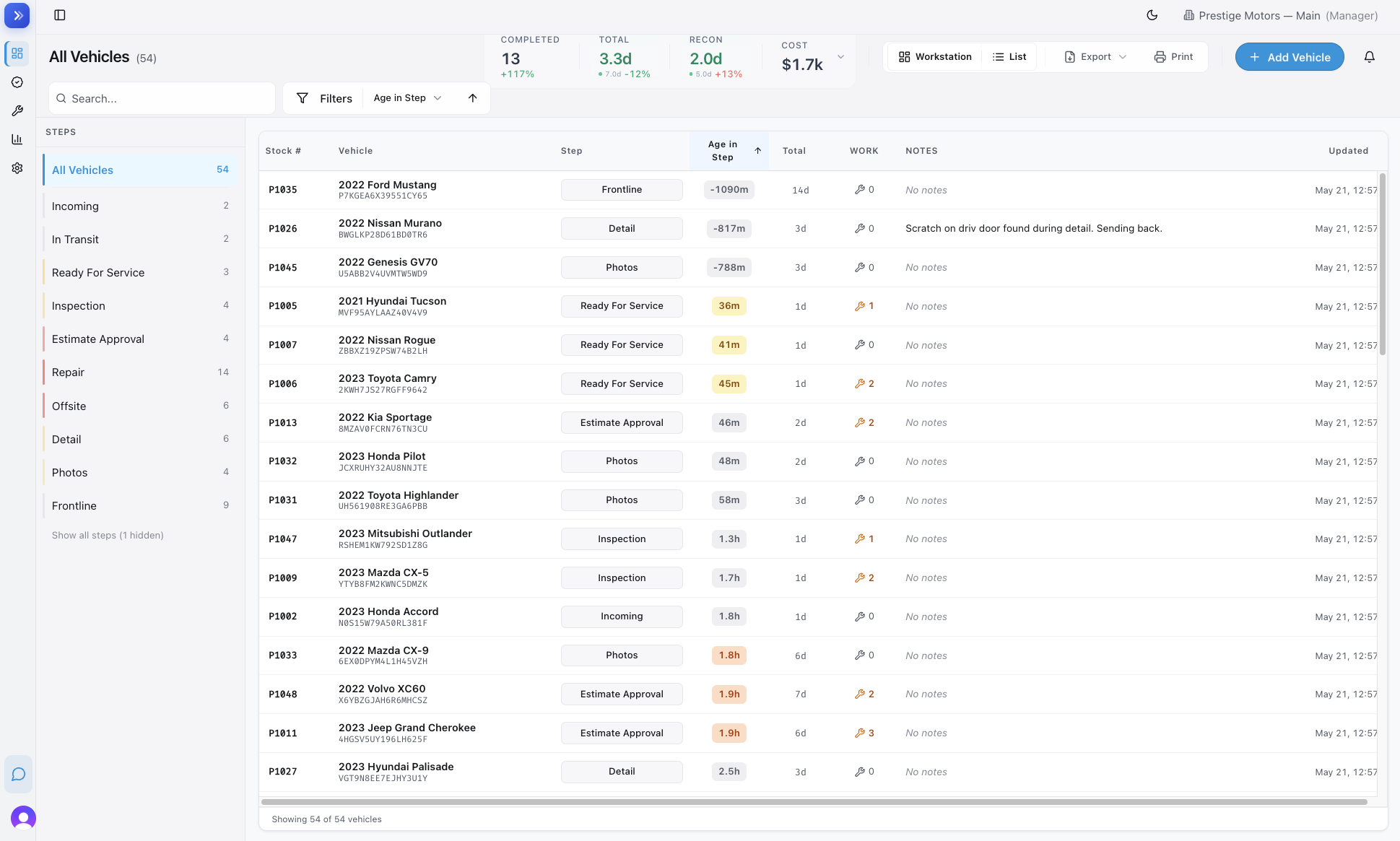 List view — dense table of cars, one row per vehicle, sortable columns