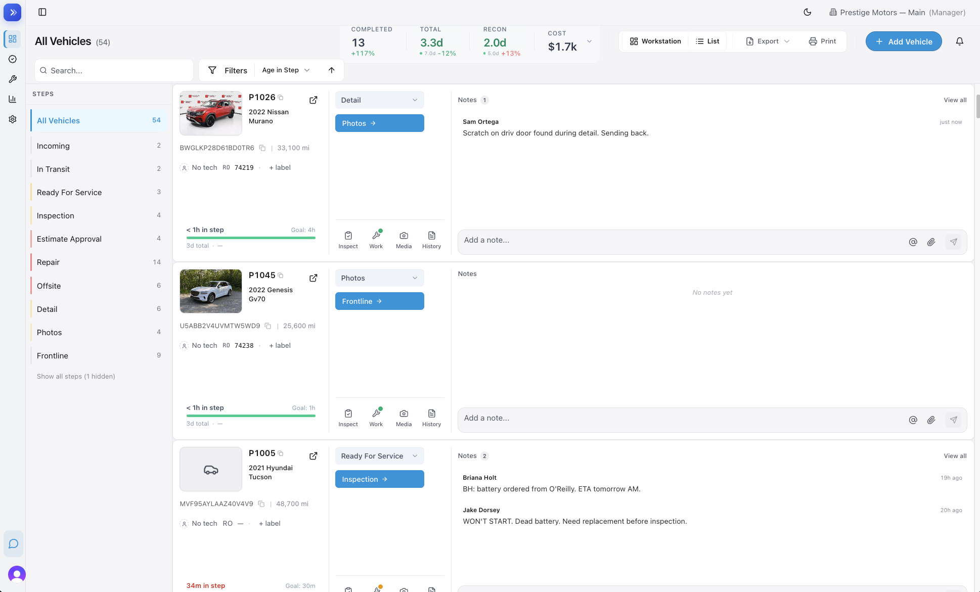 Workstation view — large cards for each car with step rail on the left for filtering