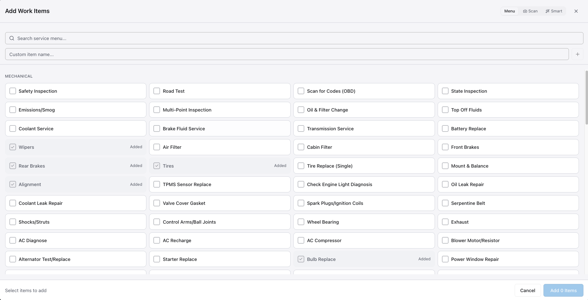 Add Work Item form with fields for job name, parts cost, labor hours, and labor rate