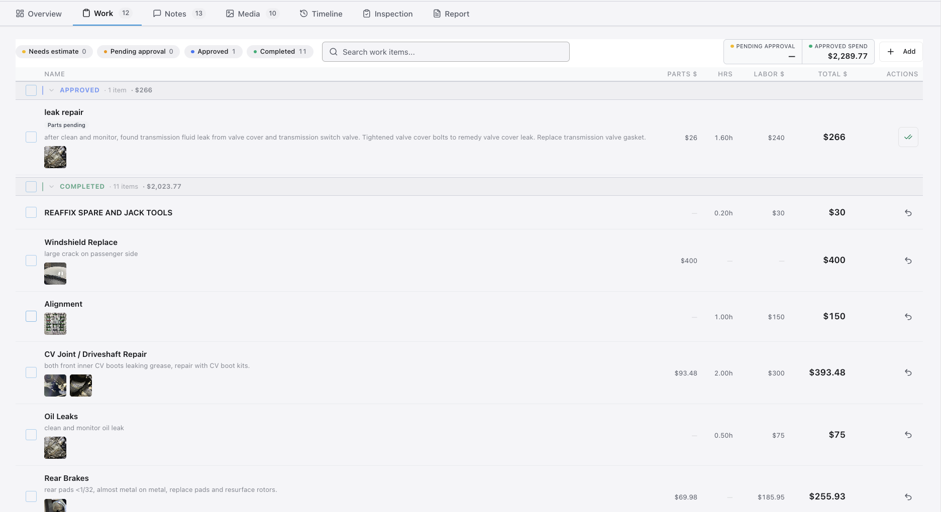 Work tab on a vehicle, showing items in Needs Estimate, Pending Approval, and Done states
