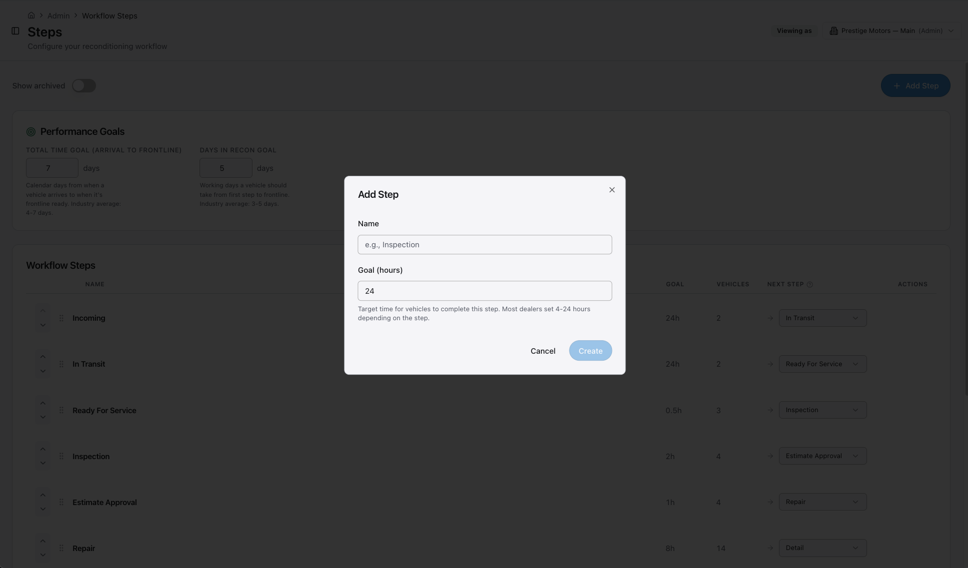 Add Step form — name field, time goal input, optional terminal-step toggle
